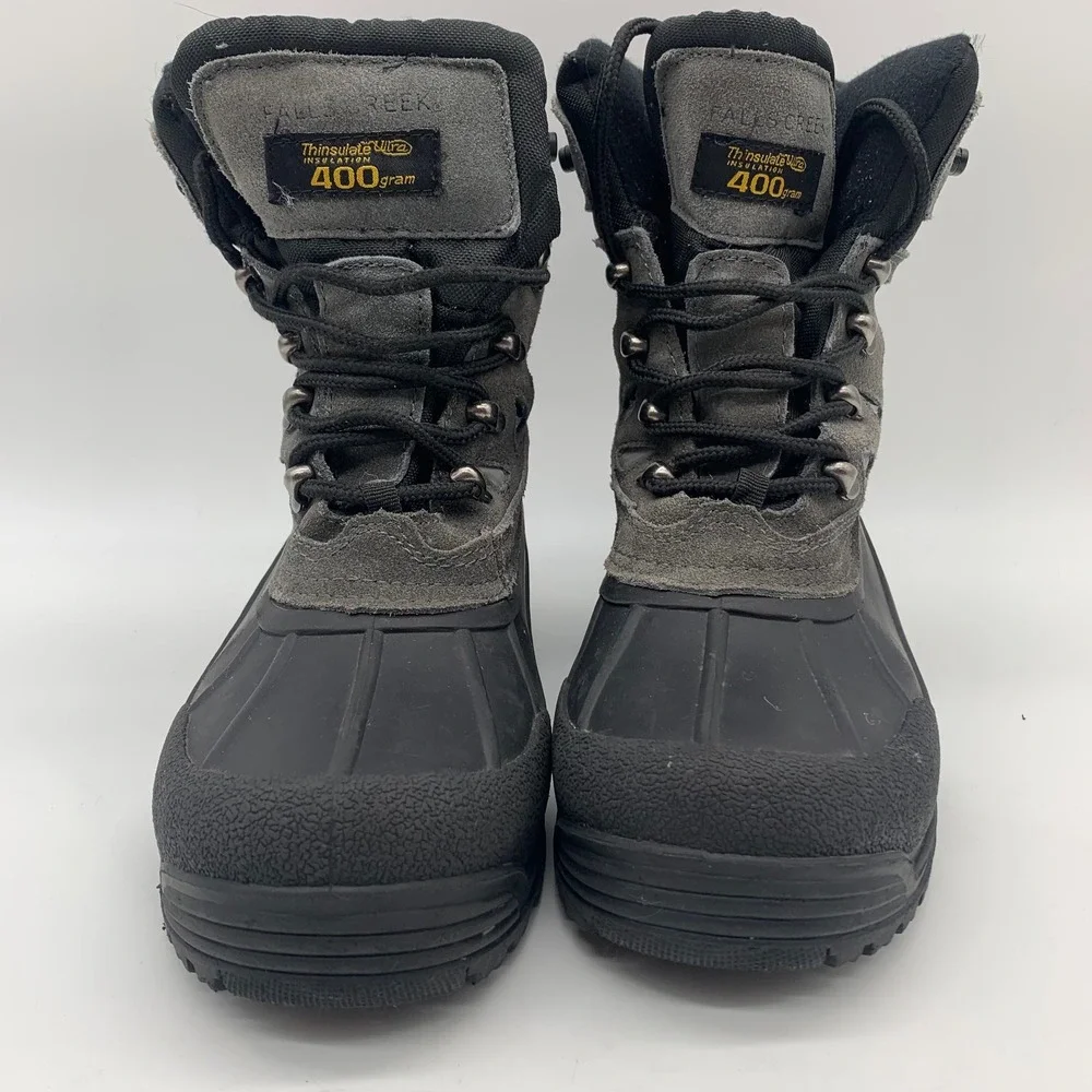 Falls Creek Winter Boots Mens 8 Gray Black Thinsulate 400g Leather Duck Boots